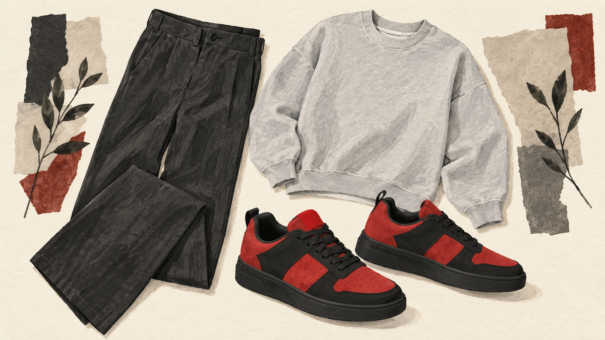 AI-genererad stilillustration med mörkgrå byxor, ljusgrå tröja och fiktiva röda och svarta sneakers.