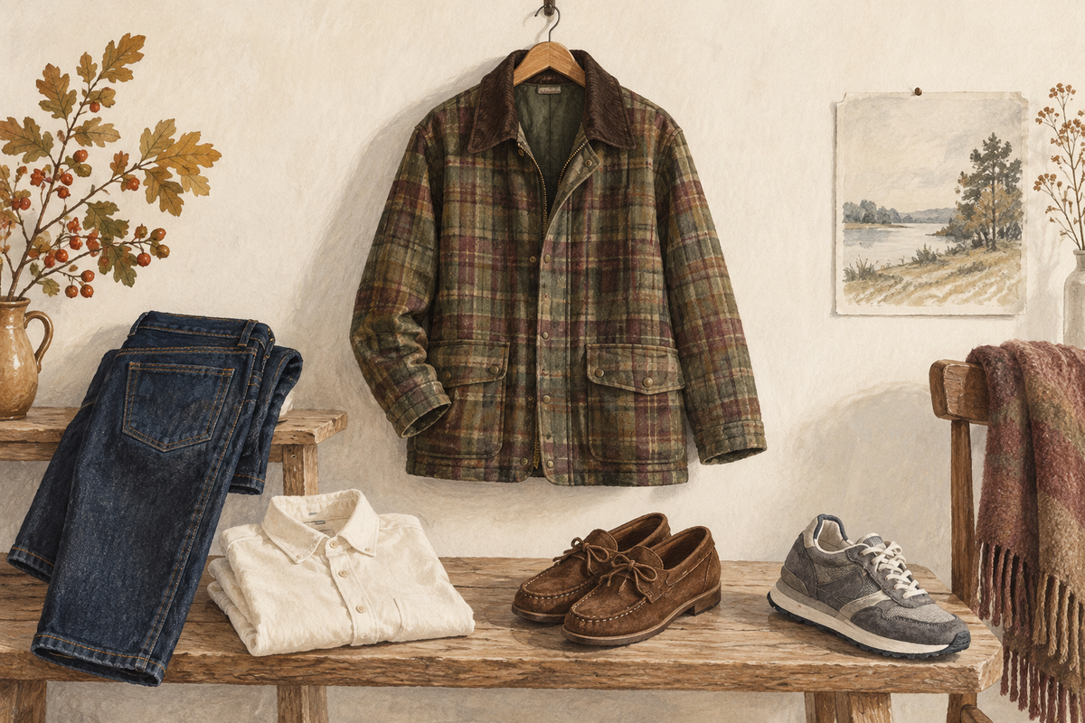 Illustration av en rutig höstjacka med mörka jeans, ljus skjorta, bruna mockaskor och en grå sneaker.