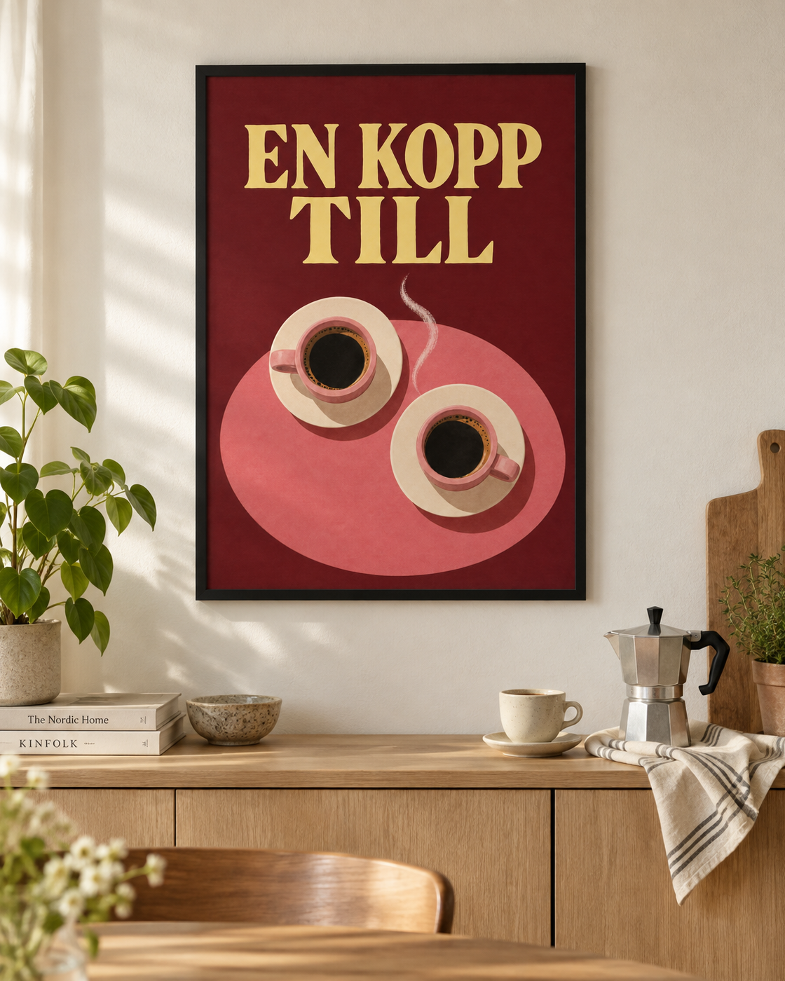 En kopp till poster från Kanva i kaffehörna med svart ram. Ram säljs separat.