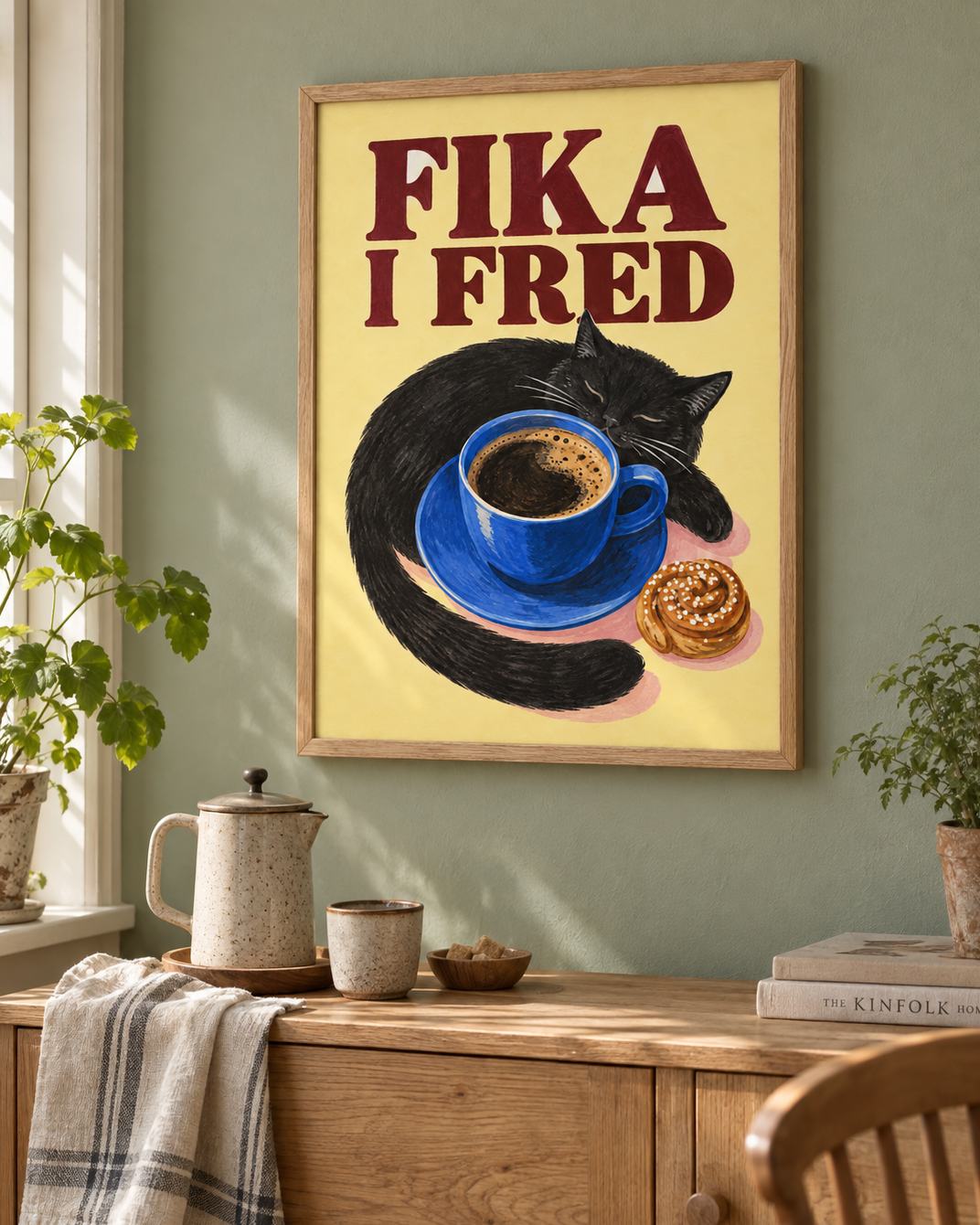 Fika i fred poster från Kanva i kaffehörna med ek ram. Ram säljs separat.
