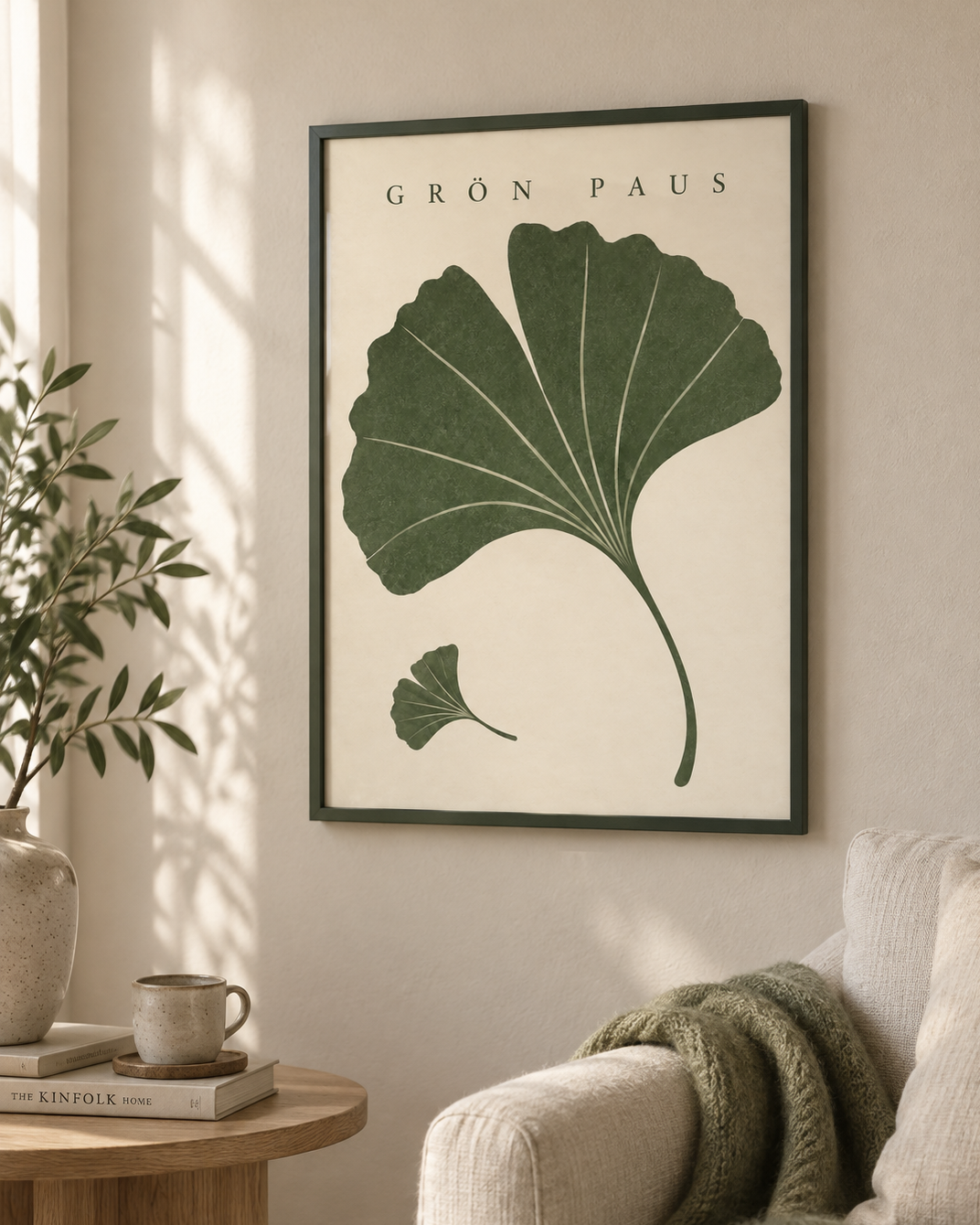 Grön paus poster från Kanva i vardagsrum med grön ram. Ram säljs separat.