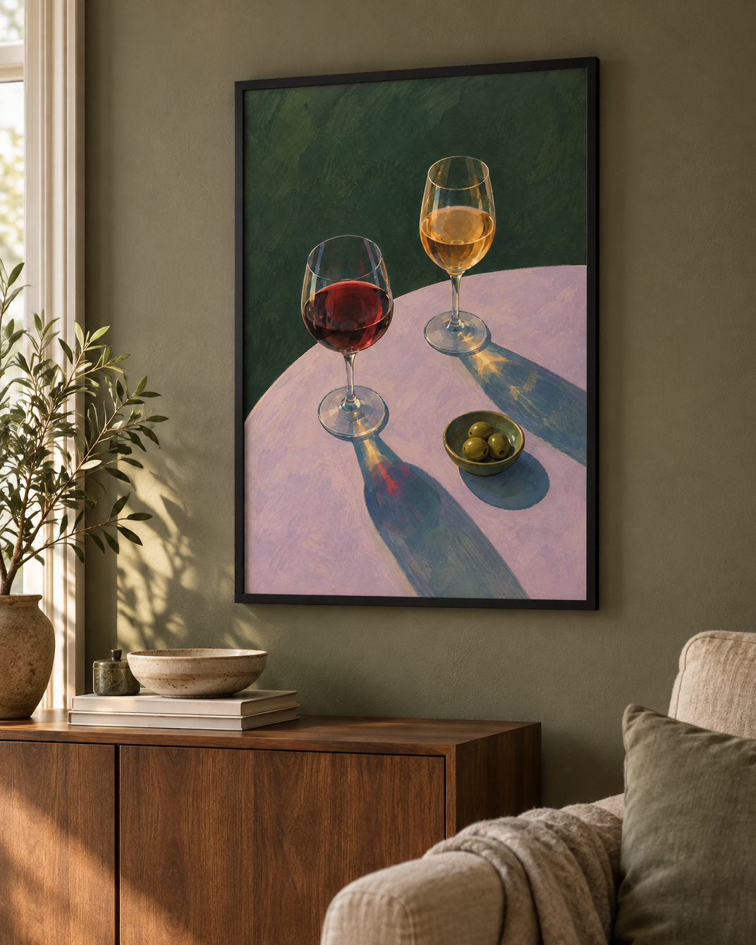 Kvällens skål poster från Kanva i vardagsrum med sideboard med svart ram. Ram säljs separat.