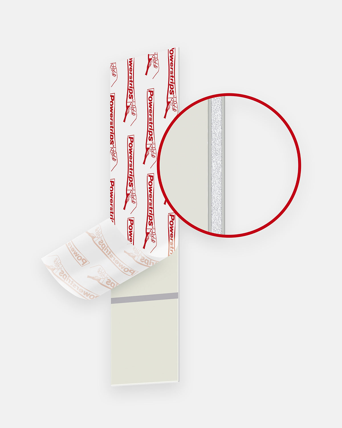 Tesa Powerstrips häftremsa med uppvikt skyddspapper och detaljförstoring