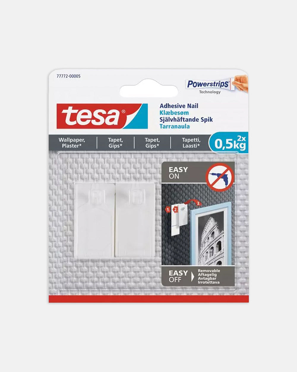 Tesa självhäftande spik för tapet och puts, 0,5 kg, förpackning med två spikar