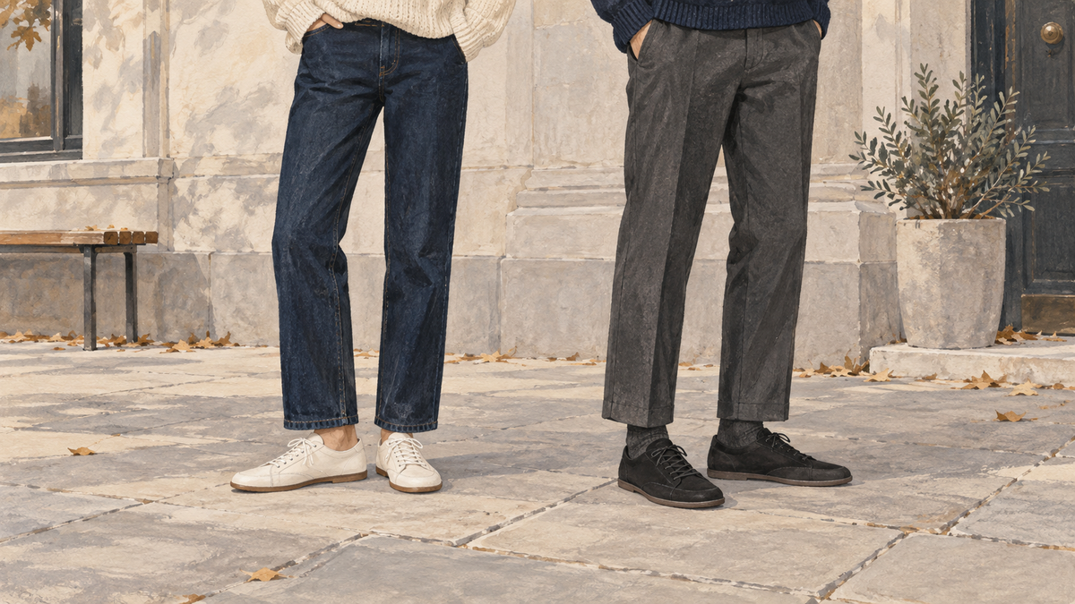 Illustration av sneakers med tunn sula till raka jeans och grå byxor.