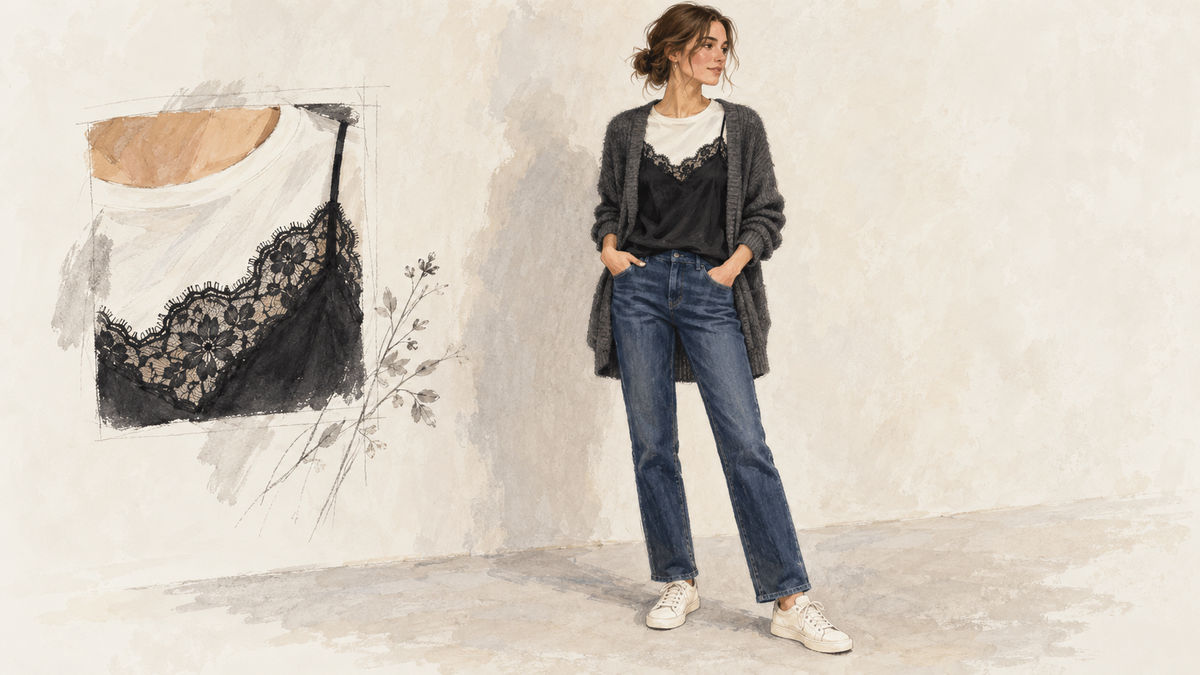 AI-genererad illustration av en kvinna med svart spetslinne över ljus T-shirt, grå kofta, jeans och ljusa sneakers.