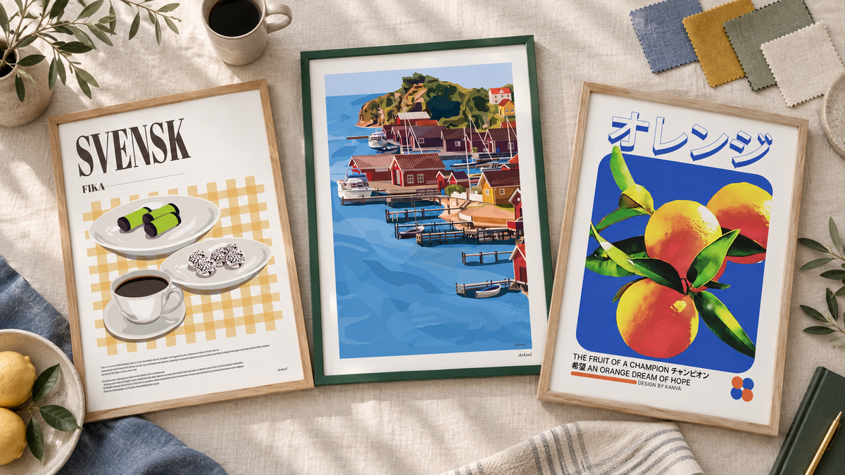 AI-genererad inspirationsbild med Svensk Fika, Skärgården och An Orange Dream of Hope i ekfärgade och gröna ramar.
