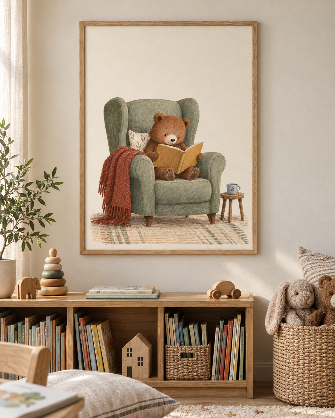 Björnens bokstund poster från Kanva i barnets läshörna med ek ram. Ram säljs separat.