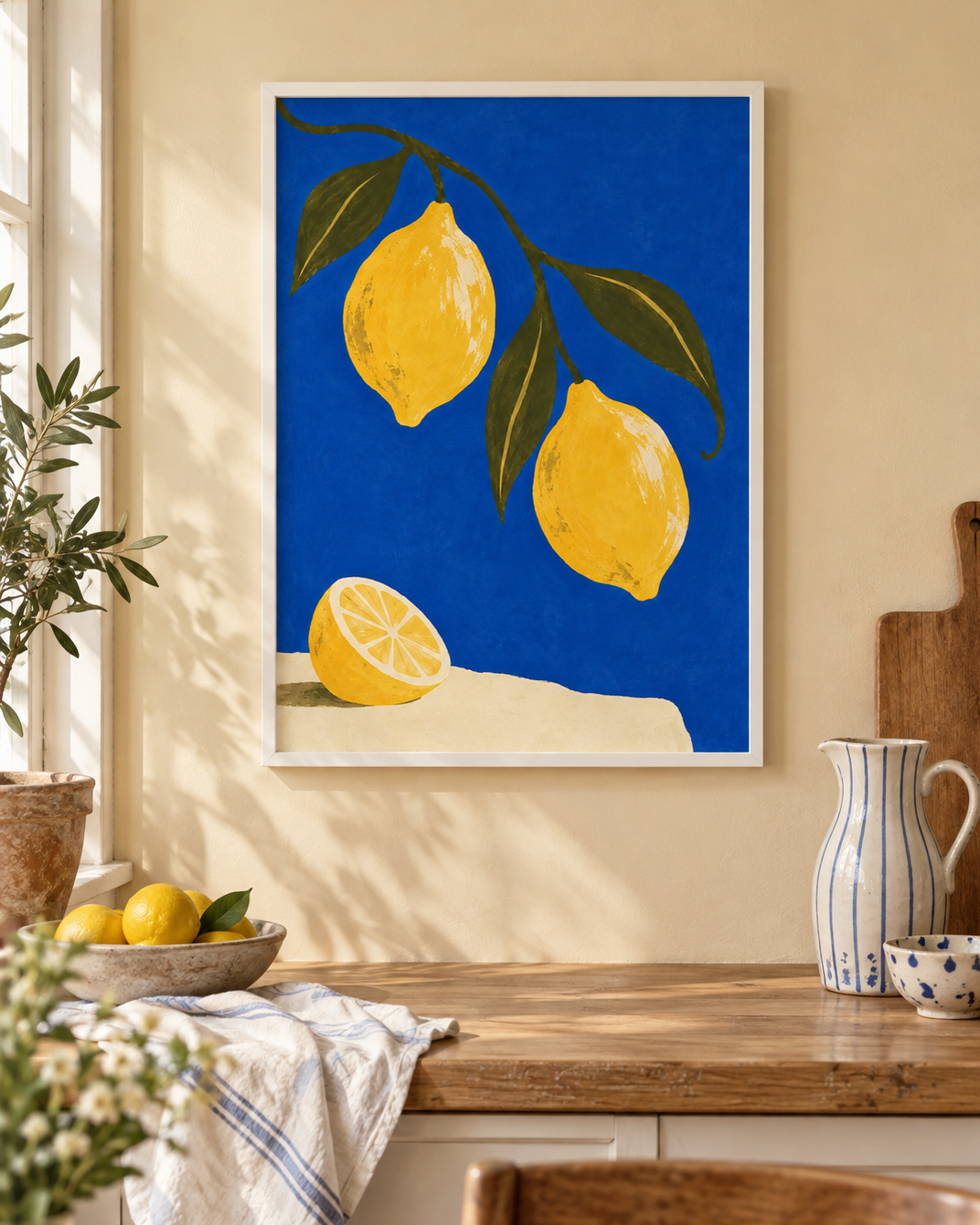 Citronlunden poster från Kanva i soligt kök med vit ram. Ram säljs separat.