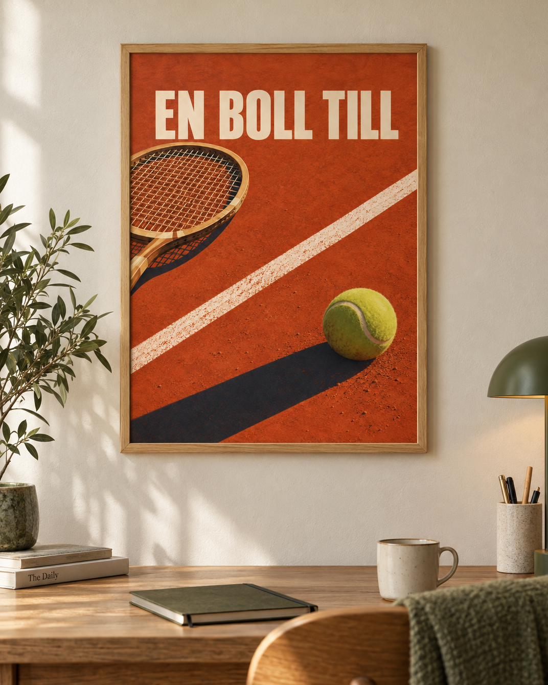 En boll till poster från Kanva i hemmakontor med ek ram. Ram säljs separat.