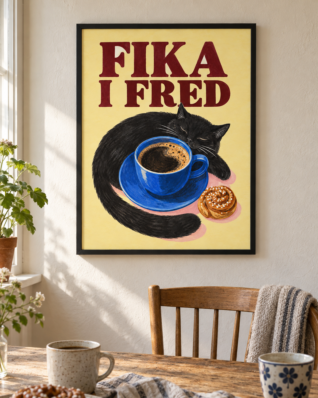 Fika i fred poster från Kanva i kök i morgonljus med svart ram. Ram säljs separat.