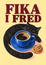 Fika i fred poster från Kanva med svart katt, blå kaffekopp och kanelbulle