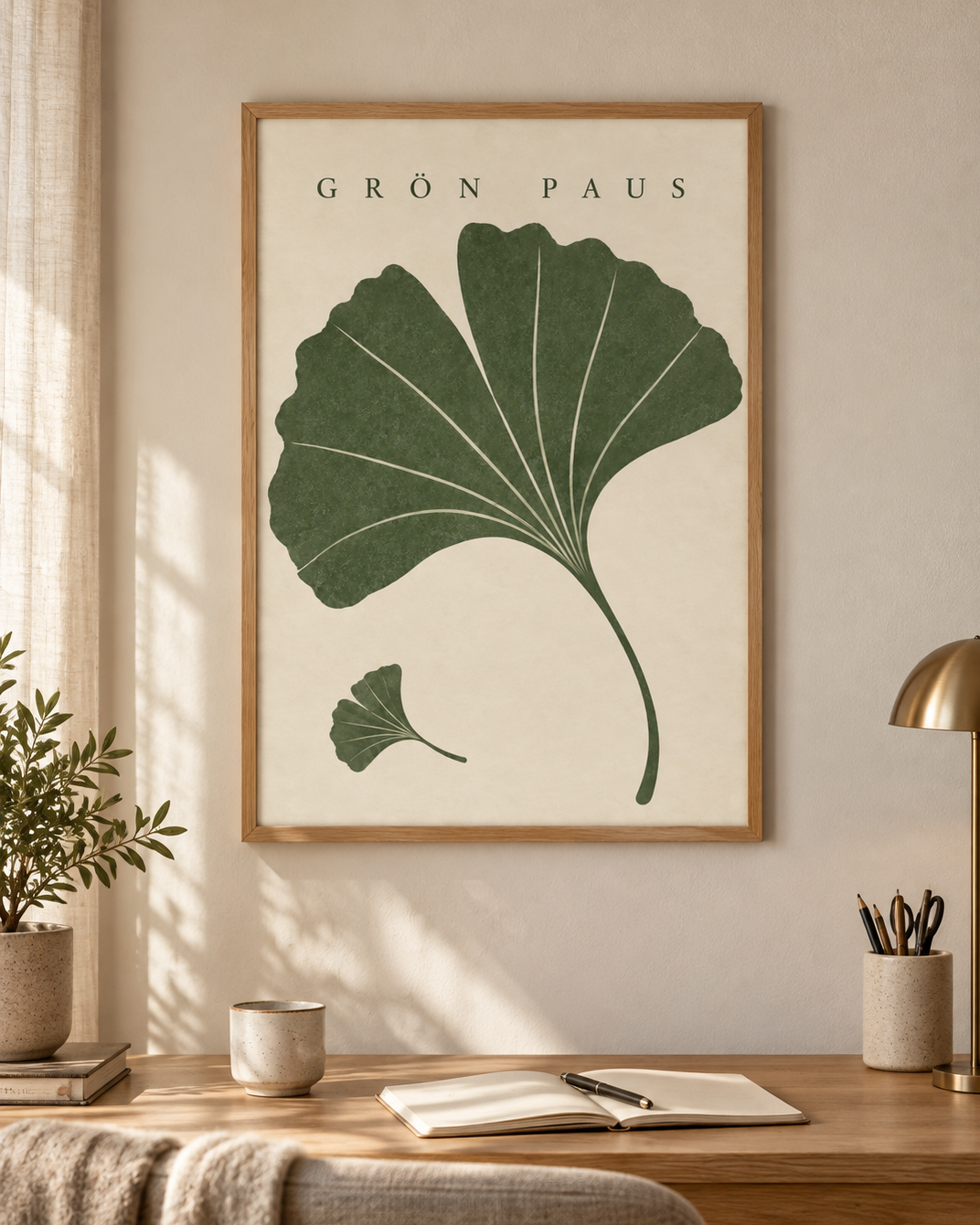 Grön paus poster från Kanva i hemmakontor med ek ram. Ram säljs separat.