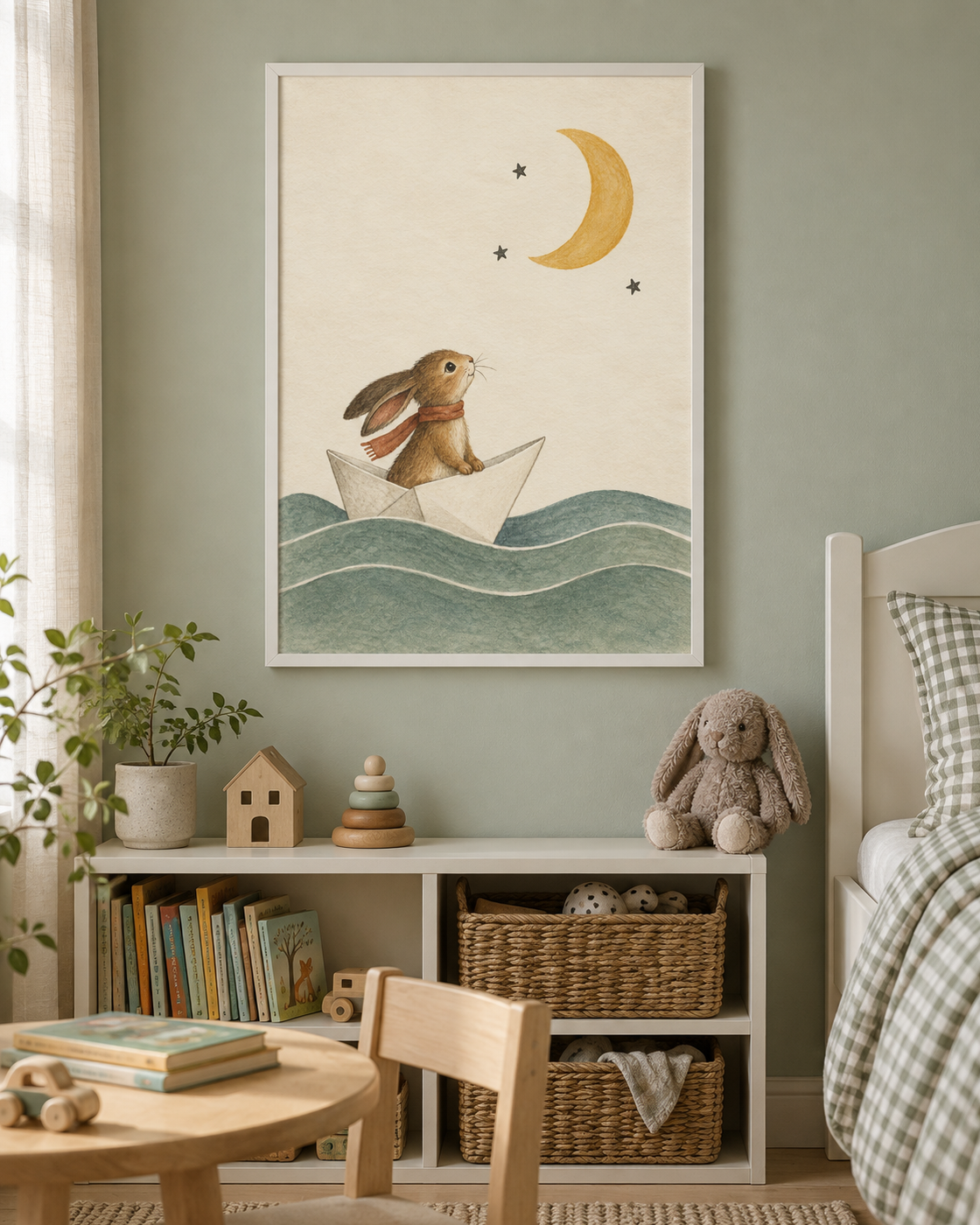 Lilla upptäckaren poster från Kanva i barnrum med vit ram. Ram säljs separat.