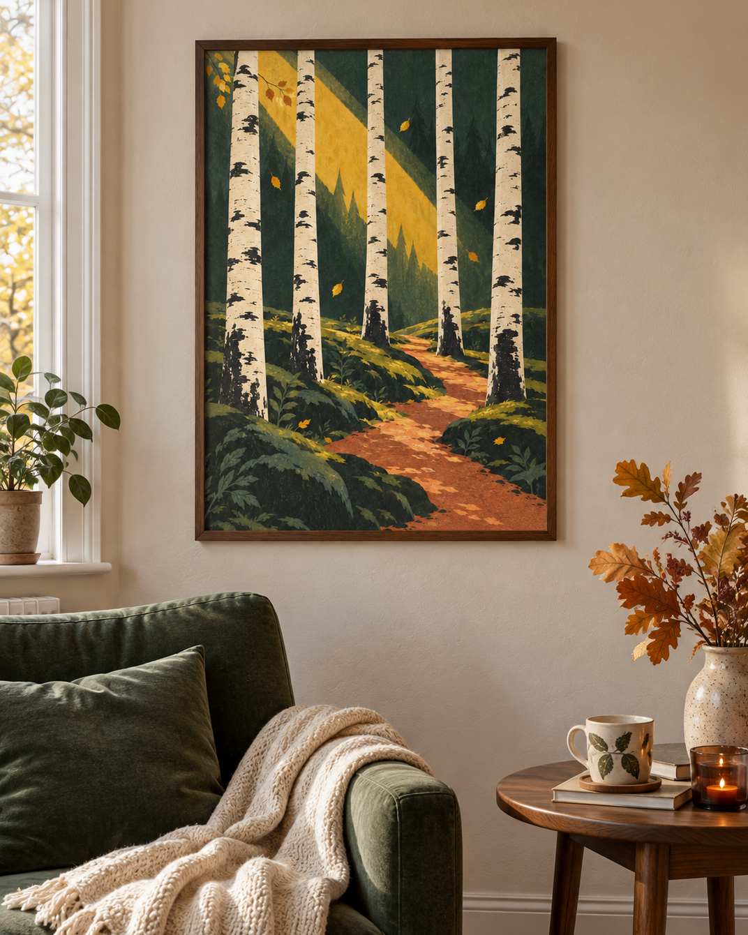 Ljus mellan träden poster från Kanva i vardagsrum med valnöt ram. Ram säljs separat.