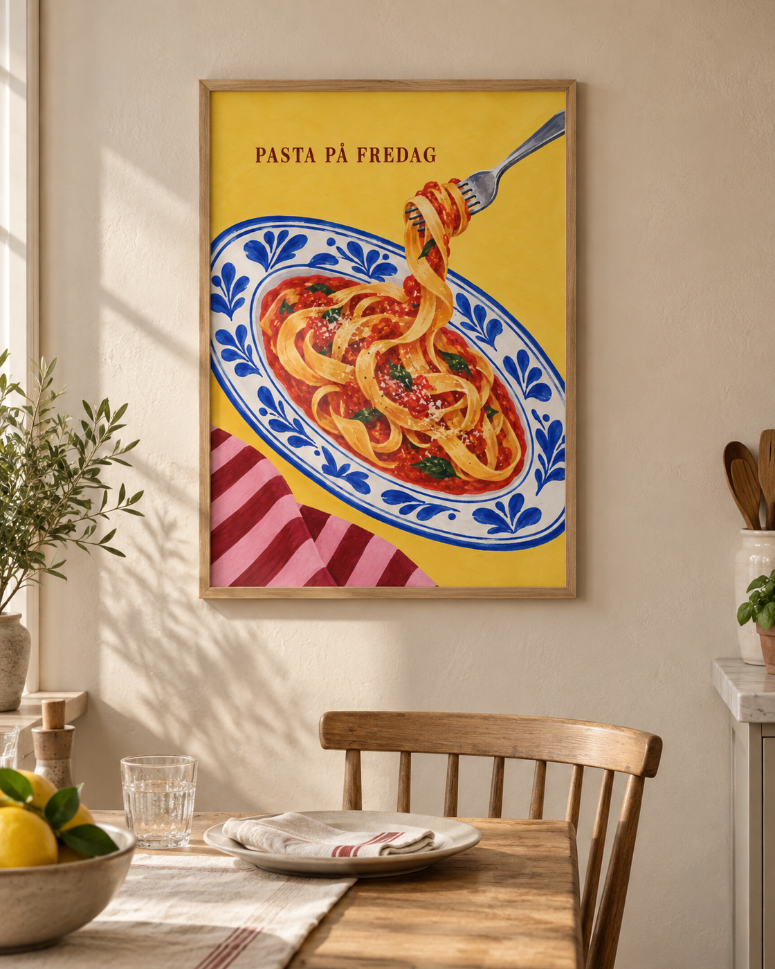 Pasta på fredag poster från Kanva i matplats i köket med ek ram. Ram säljs separat.