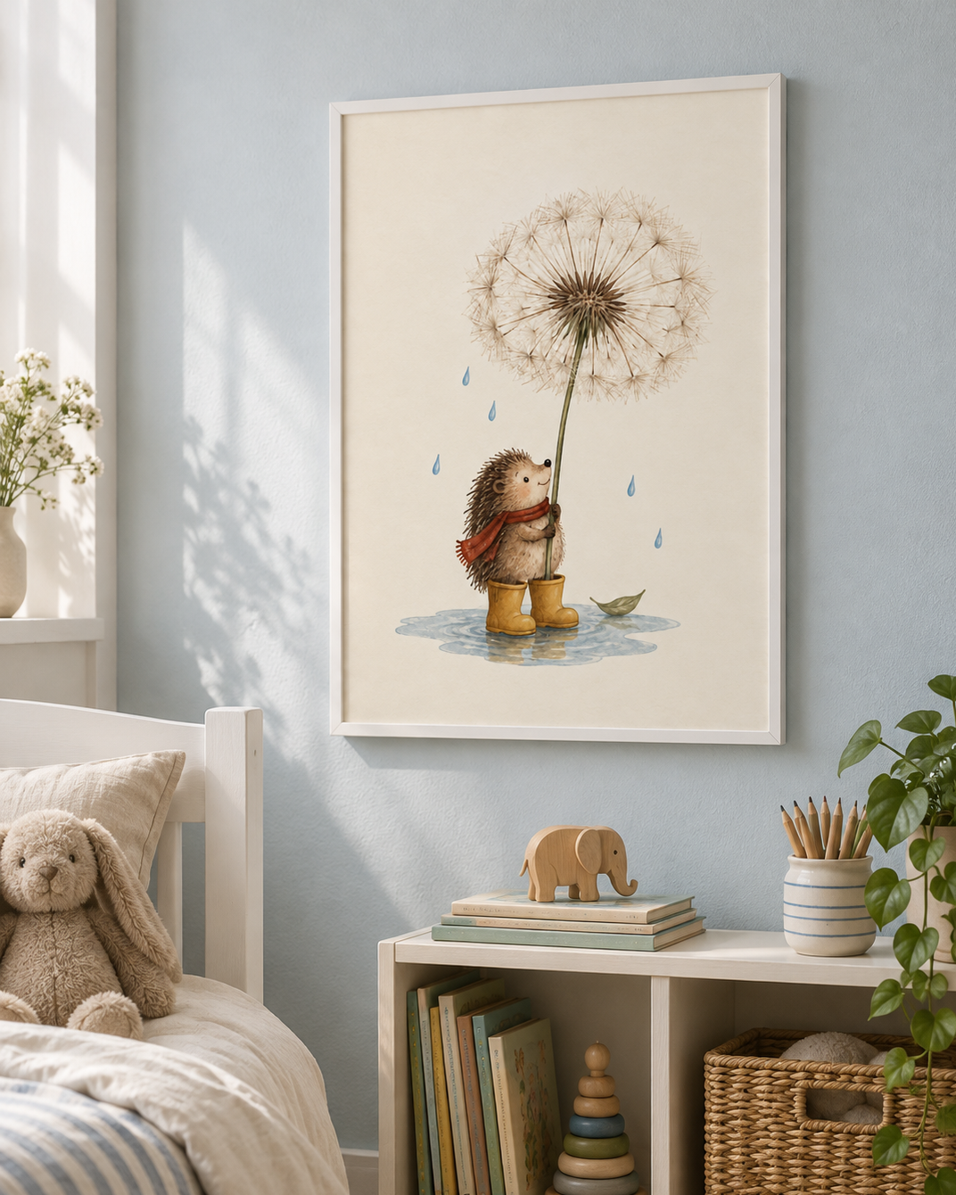 Små stora steg poster från Kanva i barnets sovrum med vit ram. Ram säljs separat.