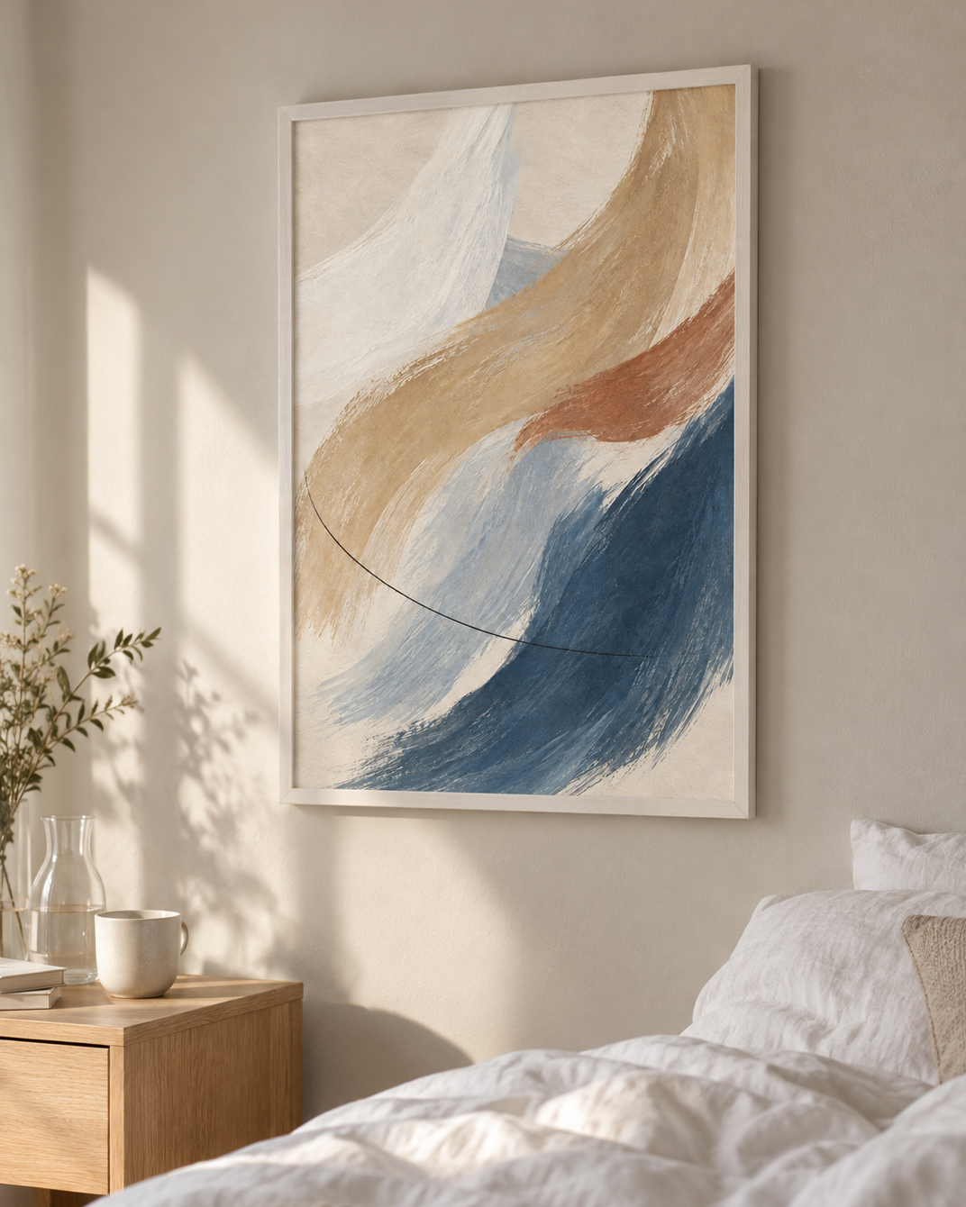 Stilla rörelse poster från Kanva i sovrum med vit ram. Ram säljs separat.