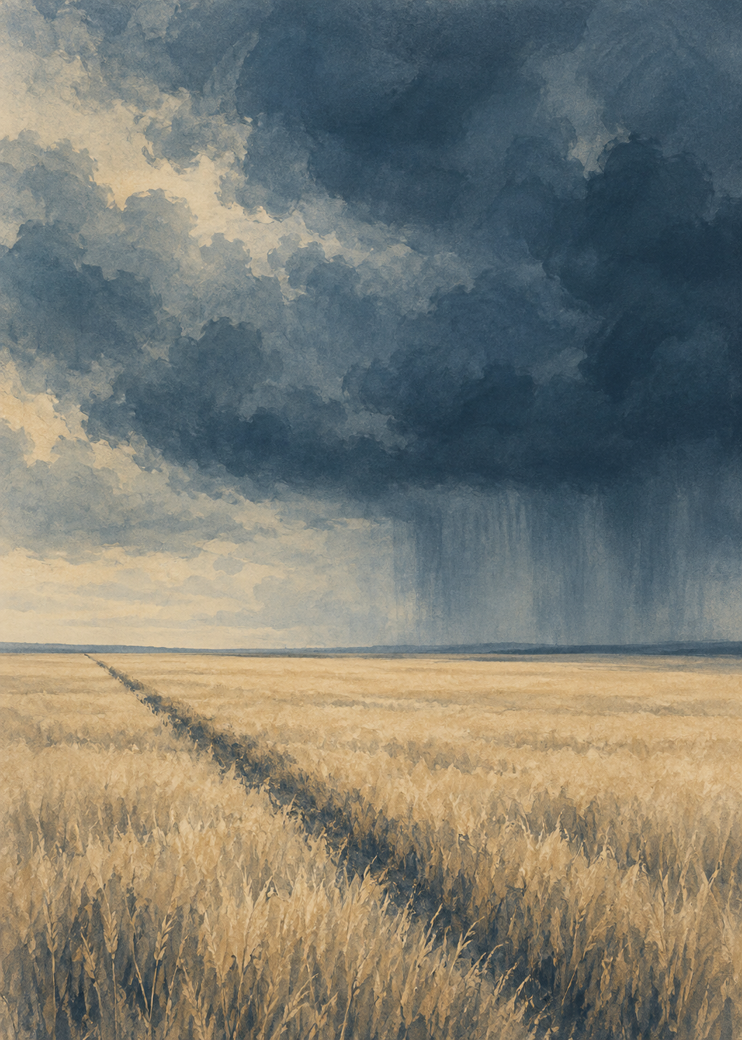 Regn bortom åkern poster från Kanva. Landskap med regn över åker. Huvudfärger: Blått, Beige.